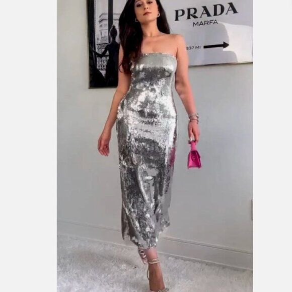 Zara Sequin Festive Strapless Midi Dress Organza Silver Metallic Size Small - Picture 6 of 13